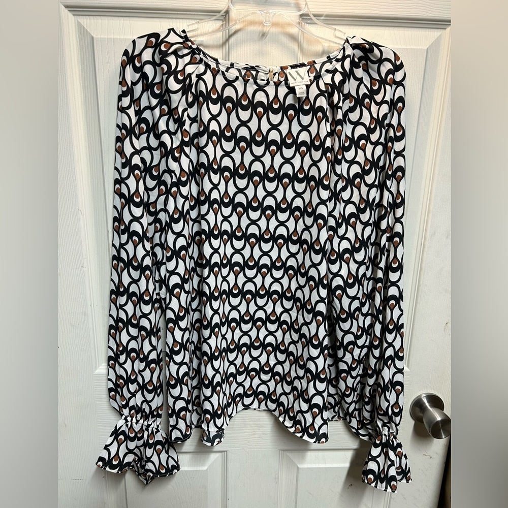 Worthington Blouse | Size XXL | Ruffle at wrist | Ivory, Black, Brown